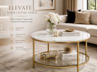 main image for ad White Marble Effect Coffee Table with Tempered Glass Shelf 80 cm Gold Living Room Table