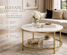 White Marble Effect Coffee Table with Tempered Glass Shelf 80 cm Gold Living Room Table