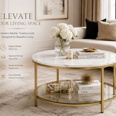 White Marble Effect Coffee Table with Tempered Glass Shelf 80 cm Gold Living Room Table