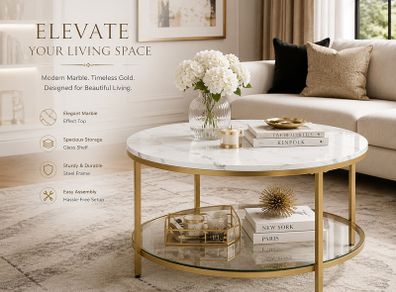 White Marble Effect Coffee Table with Tempered Glass Shelf 80 cm Gold Living Room Table