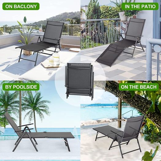 Foldable Reclining Sun Lounger, Grey Textiline Garden Loungers Reclining Garden Chair with 7 Back & 2 Leg Adjustable Positions (Gray)