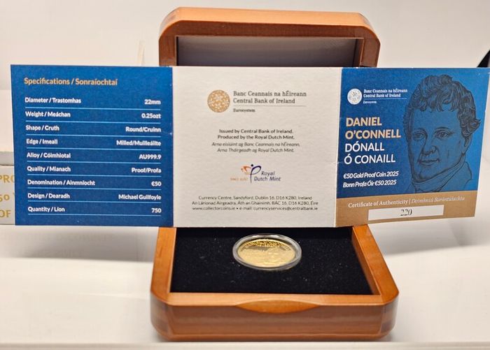 Ireland 2025 Gold Proof 1/4oz Au Daniel O'Connell 50 Euro Coin 250 Anniversary in Original Holder with COA