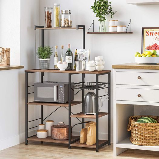 Standing Kitchen Shelf with Metal Basket and 6 S-Hooks and Shelves