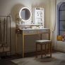Dressing Table Set, with height-adjustable mirror for 120-180 cm, LED Lights with Adjustable Brightness, Vanity Table with stool, 2 fabric Drawers and 4 Open Compartments, 80x40x136cm, White+Gold Image 2