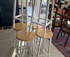 6 bar/kitchen stools - white legs, light brown wood seats.