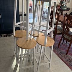 6 bar/kitchen stools - white legs, light brown wood seats.