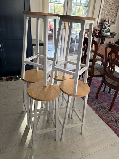 6 bar/kitchen stools - white legs, light brown wood seats.
