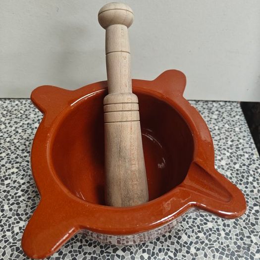 Vintage Vilmor French Glazed Terracotta Mortar & Wooden Pestle Set