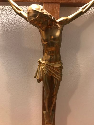 Crucifix + Pair of Glass Candlesticks