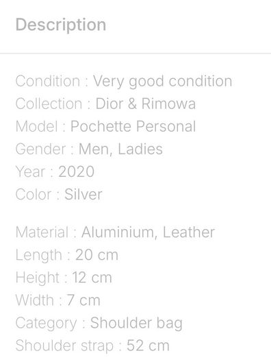 Genuine Christian Dior Rimowa X Pochette Personal shoulder bag in grey aluminium and grey leather Collector Square