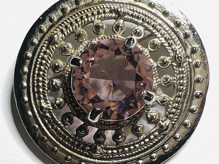 Scottish 1981 Celtic Pewter Traditionally Handmade Brooch Purple Crystal