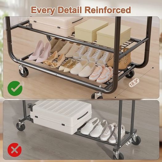 Heavy Duty Rolling Clothes Rail for Hanging Clothes, Double Hanging Rail with Lockable Castors, 326 KG Load Capacity, Metal Clothing Rail for Bedroom, Laundry, Retail, Black