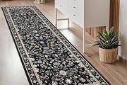 Hallway Runner Rug 60x180 cm, Floral Bedside Rugs Bedroom, Washable Farmhouse Carpet for Living Room, Low Pile Foldable Floor Mat for Kitchen, Black