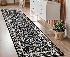 Hallway Runner Rug 60x180 cm, Floral Bedside Rugs Bedroom, Washable Farmhouse Carpet for Living Room, Low Pile Foldable Floor Mat for Kitchen, Black