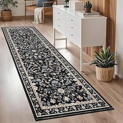 Hallway Runner Rug 60x180 cm, Floral Bedside Rugs Bedroom, Washable Farmhouse Carpet for Living Room, Low Pile Foldable Floor Mat for Kitchen, Black