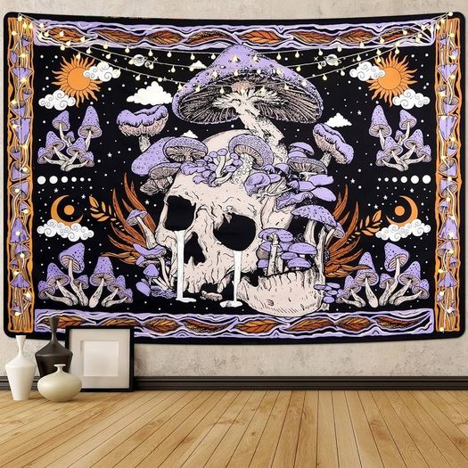MULTIPLE SIZES AVAILABLE Skull Tapestry Purple Mushroom Wall Hanging Skeleton Wall Tapestries Moon Sun Wall Towel Wall Art for Bedroom Living Room 59.1x51.2in
