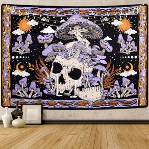 MULTIPLE SIZES AVAILABLE Skull Tapestry Purple Mushroom Wall Hanging Skeleton Wall Tapestries Moon Sun Wall Towel Wall Art for Bedroom Living Room 59.1x51.2in