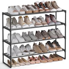 SONGMICS 4-Tier Shoe Rack, Storage Organiser, Metal, Fits 16 to 20 Pairs of Shoes, Stackable Shelf, for Hallway, Living Room, Bedroom, 30 x 92 x 74 cm, Black LSA14BKV2