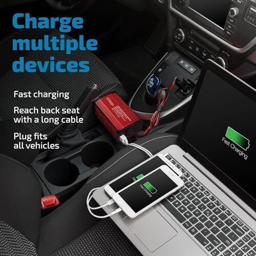 300W Car Power Inverter 12V to 240V / 230V Converter, USB-A and USB-C 3A Charging Ports - Charge Your Laptop, iPad, iPhone, Tablet, Consoles & More - Durable and Powerful - Red Aluminum Body
