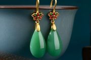 Jade Teardrop Stone Flower Drop Gold Earrings
