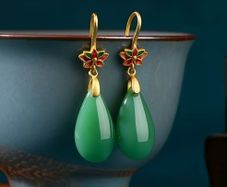 Jade Teardrop Stone Flower Drop Gold Earrings