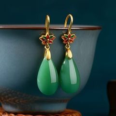 Jade Teardrop Stone Flower Drop Gold Earrings