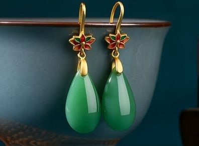 Jade Teardrop Stone Flower Drop Gold Earrings