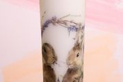 Easter spring brown bunnies in purple wreath decorative pillar candle centerpiece home table decor