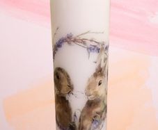 Easter spring brown bunnies in purple wreath decorative pillar candle centerpiece home table decor
