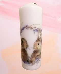 Easter spring brown bunnies in purple wreath decorative pillar candle centerpiece home table decor