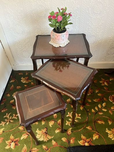 Vintage Mahogany Nest of 3 Tables with Glass Tops