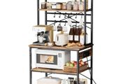 Kitchen Bakers Rack, 1.5m Power Cable Bakers Rack with Power Outlet, Kitchen Stand with X-Shaped Support Bar, 12 S-Shaped Hooks, Coffee Bar Stand for Dishes, Spice Bottles, Built-In Power Strip