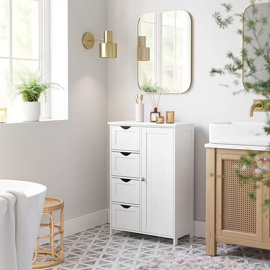 Bathroom Floor Storage Cabinet, Wooden Storage Unit with 4 Drawers, Single Door, Adjustable Shelf, for Living Room, Kitchen, Entryway (FREE SHIPPING)
