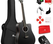 4/4 Acoustic Guitar Beginner Set Adult Full Size Cutaway Folk Guitar Starter Kit 41 inches with Gig Bag, Picks, Strings, Capo, Tuner, Strap, Pickguard, Black