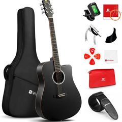 4/4 Acoustic Guitar Beginner Set Adult Full Size Cutaway Folk Guitar Starter Kit 41 inches with Gig Bag, Picks, Strings, Capo, Tuner, Strap, Pickguard, Black