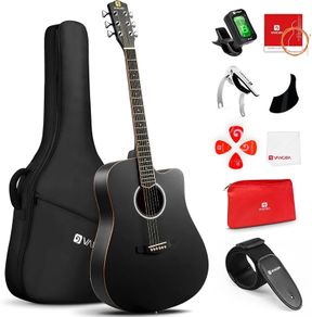 4/4 Acoustic Guitar Beginner Set Adult Full Size Cutaway Folk Guitar Starter Kit 41 inches with Gig Bag, Picks, Strings, Capo, Tuner, Strap, Pickguard, Black