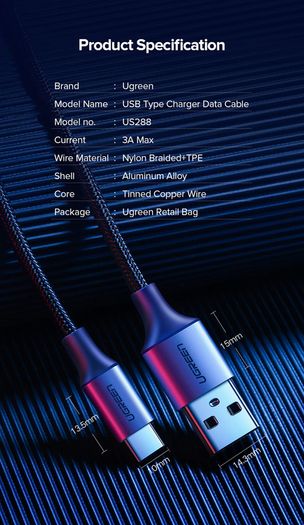 Ugreen 3M USB-C Fast Charging QC 3.0/2.0 & Data Sync Nylon Braided Cable (Brand New/Warranty)