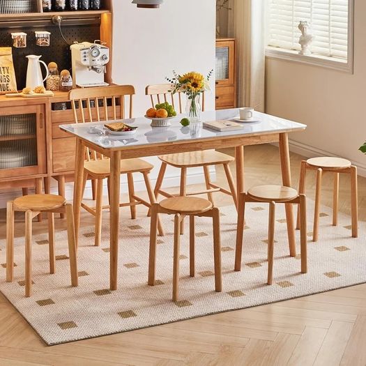 4pcs Solid Wood Round Stool, Shoes change Stool, Dressing Stool, Small stool, Stackable Stools for Living Room, Dining Room, Kitchen, Classroom, 27/27/45CM Natural Color