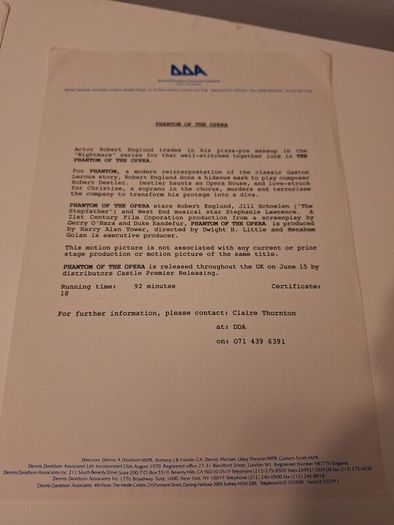1989 Phantom Of The Opera Press Kit Starring Robert Englund