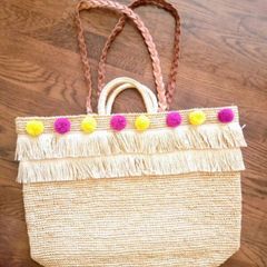 & other Stories woven straw pom pom tote bag