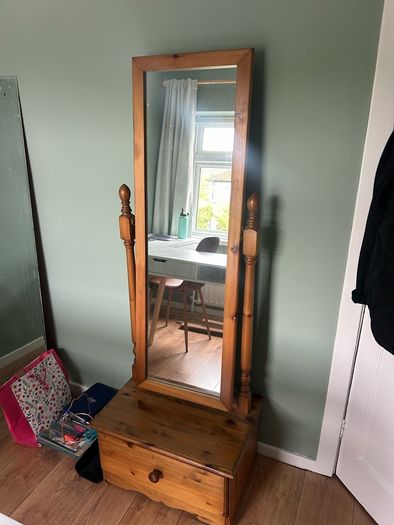 Solid Pine Cheval Mirror with Storage Drawer
