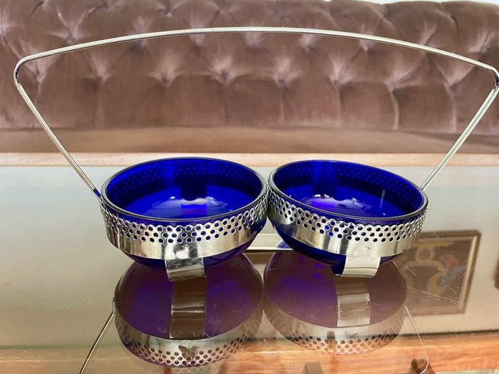 Vintage 1950s Cobalt Blue Glass & Silver Chrome Double Table Basket