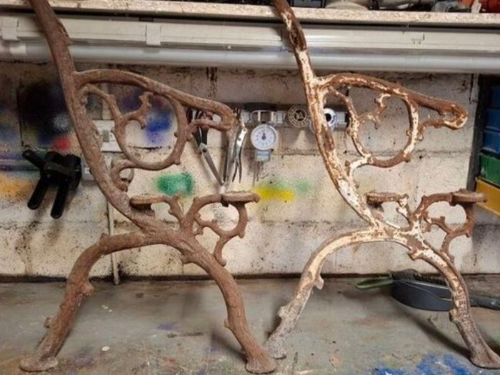 old garden  bench ends with wexford written on them