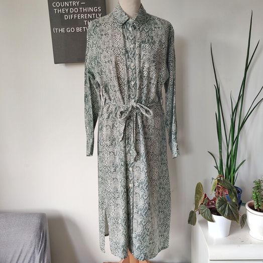 People Tree snakeskin print shirt dress midi summer workwear ethically made in India retro vintage white green