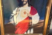 Large Antique Sacred Heart of Jesus Framed Print Irish Catholic Religious Art