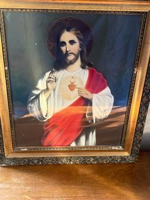 Large Antique Sacred Heart of Jesus Framed Print Irish Catholic Religious Art
