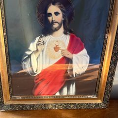 Large Antique Sacred Heart of Jesus Framed Print Irish Catholic Religious Art