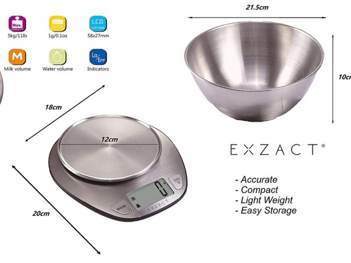 Electronic Kitchen Scale Stainless Steel Baking Scale - Large Display Wet and Dry Food Weighing Scale with Stainless Steel Mixing Bowl - Easy Switch Between Imperial and Metric - Max 5 KGS (FREE POSTAGE)