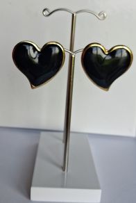 Gold Heart Black Enamel Earrings