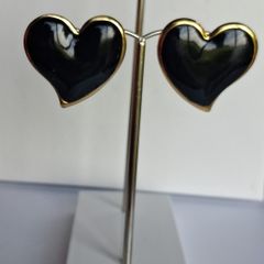 Gold Heart Black Enamel Earrings